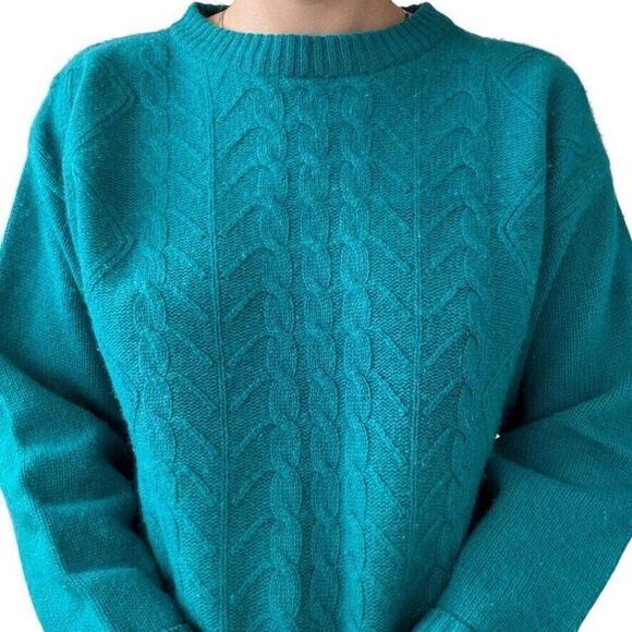 Vintage 1980s Teal Blue Angora Lambswool Chunky Cable Knit Sweater Sz M - Picture 5 of 8